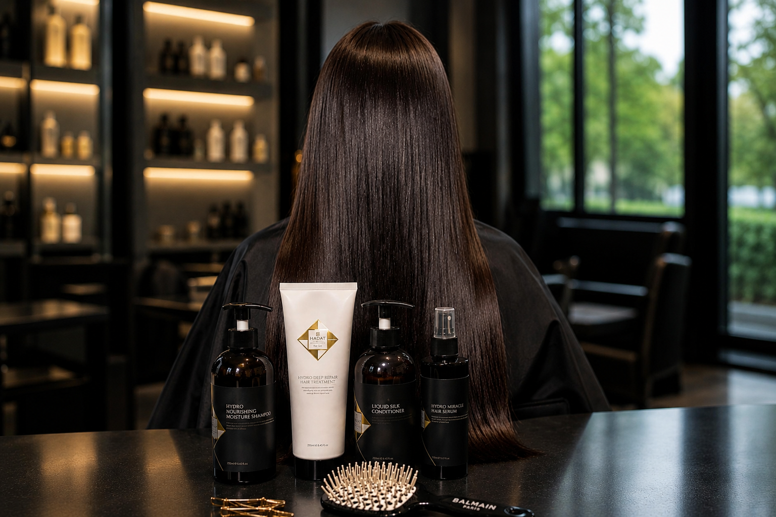 38f9ac86-9f23-4c92-9688-6e7cebef15a9 - shopcosmoprof.com Person with long, straight dark hair facing away at a salon station, with four hair care bottles and a brush on the counter in front of them.