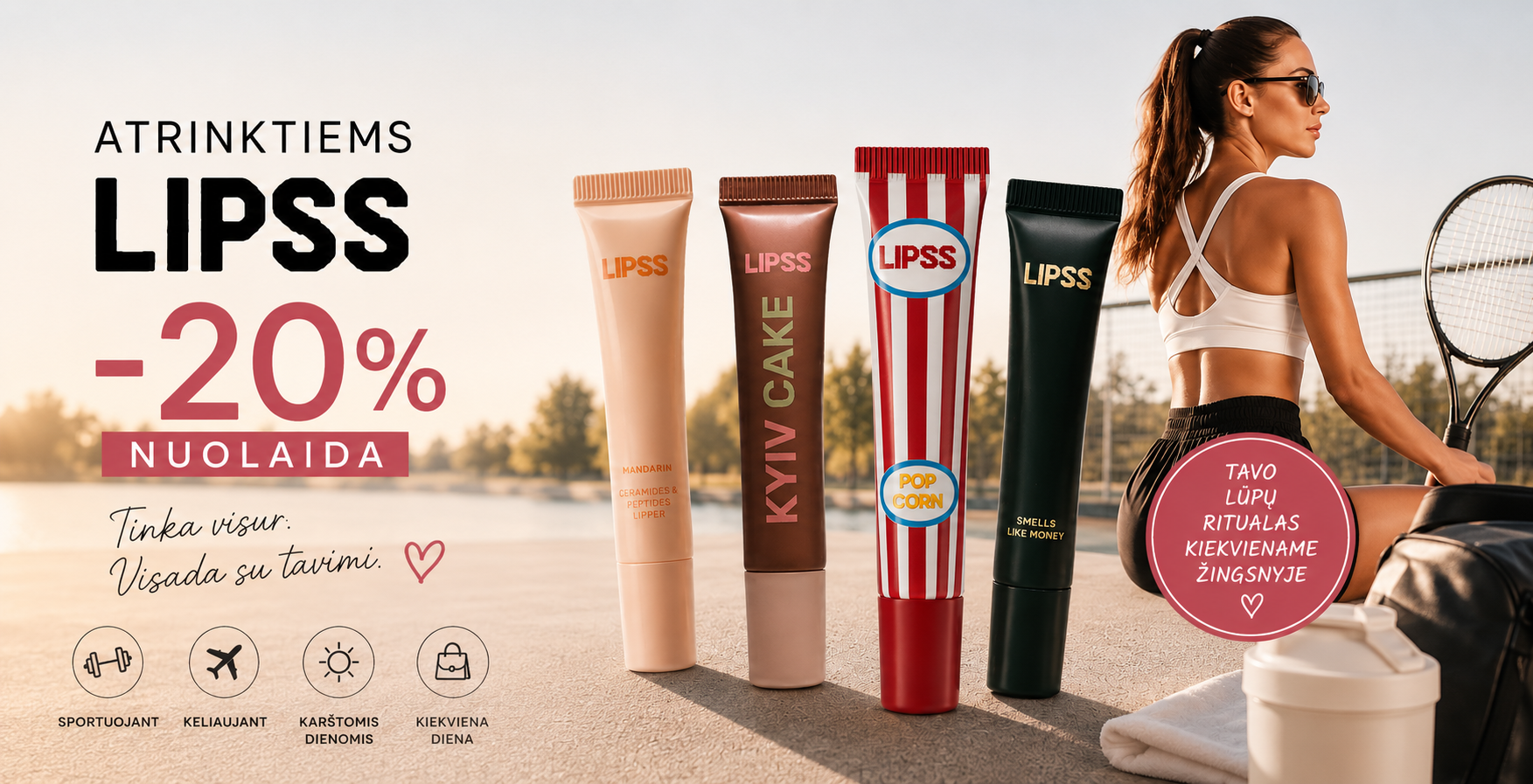 3d7c8cb6-c6e6-478f-9317-3026981e5b46 - shopcosmoprof.com Promo banner for Lipss cosmetics: five squeeze tubes lined up on a tennis court at sunset with a large -20% discount and NUOLAIDA label.