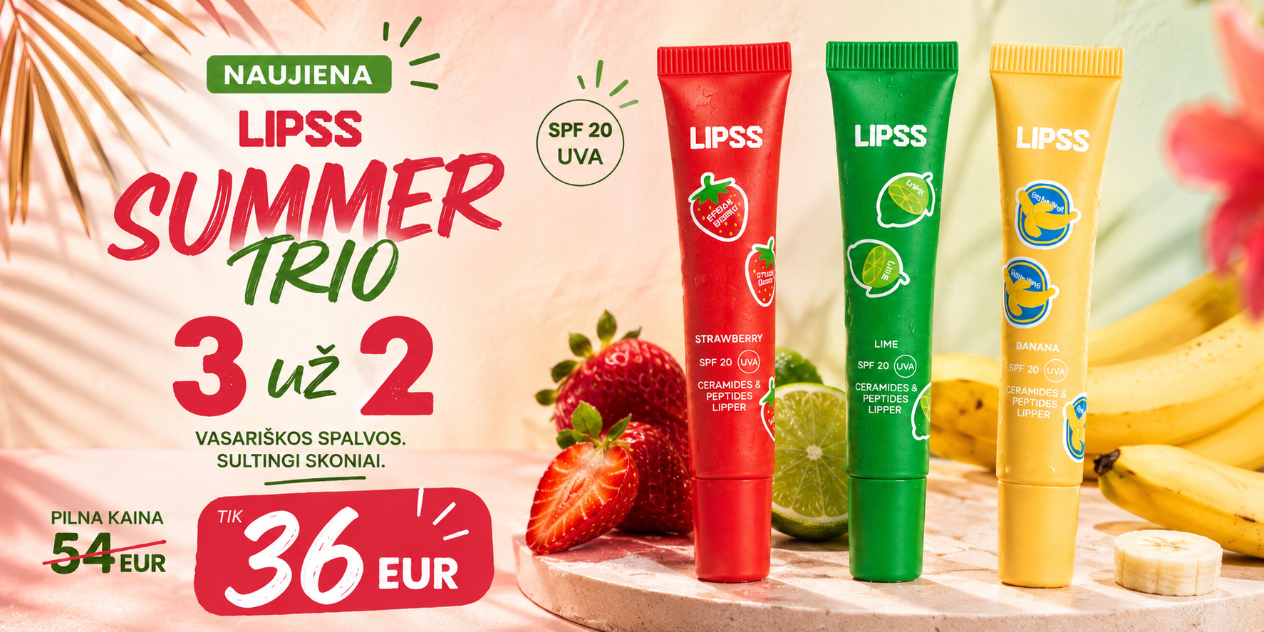 4f49f1fb-9fb7-41de-b752-6a7434867b99 - shopcosmoprof.com Three Lipss SPF20 UVA lip balms in red (strawberry), green (lime), and yellow (banana) stand on a wooden platform beside fresh fruit in a summer promo image.