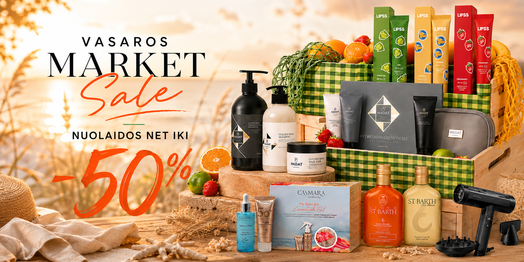 530d1087-b3c1-42a0-85bd-18d64f55fb4d - shopcosmoprof.com Summer market sale banner with cosmetics, groceries, and a 50% discount offer.