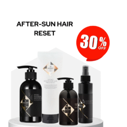 Promotional image for Hadat Cosmetics showing hair care bottles on a white pedestal with a bold “AFTER-SUN HAIR RESET” message and a large red 30% off badge nearby.