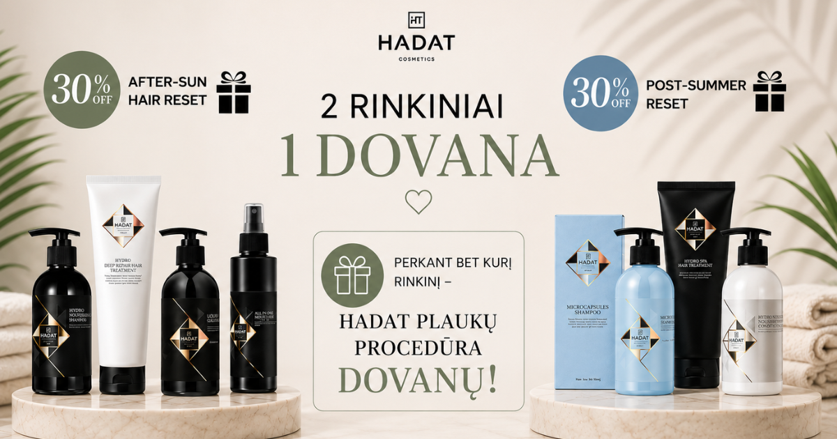 ANTRAS BANERIS - shopcosmoprof.com Hadat cosmetics promotional banner with two product displays, 30% off offers on both sides, and central text about two sets and one gift in Lithuanian.