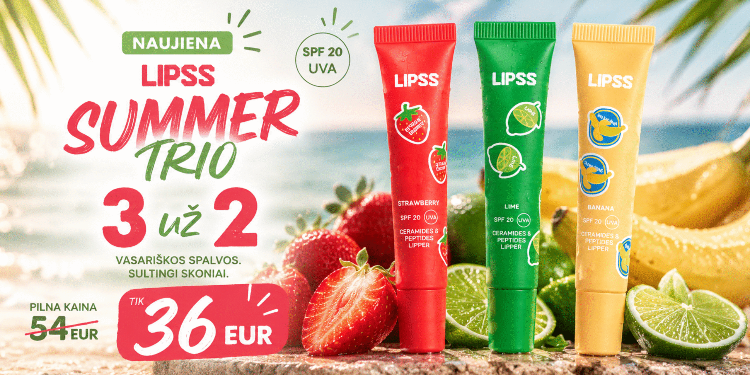 Promotional banner for Lipss Summer Trio: three fruit-flavored squeezable drinks (strawberry, lime, banana) by the seaside with a '3 for 2' deal.