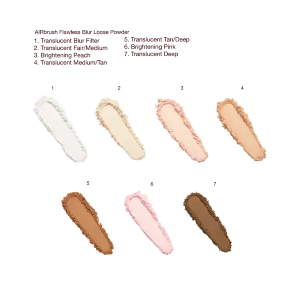 Palette of eight makeup foundation swatches in varying shades arranged in two rows, with red shade names listed above.