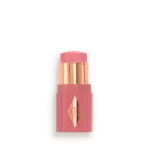 Pink lipstick in a pink case with gold accents and a diamond-shaped logo on the front (cosmetic product).