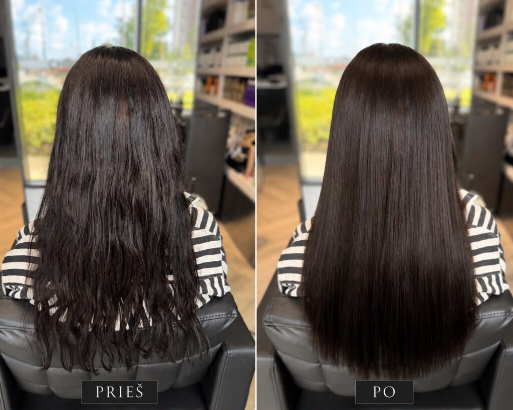 PHOTO-2026-08-23-23-21-02 - shopcosmoprof.com Two-panel before-and-after: left shows frizzy, damp-looking shoulder-length hair; right shows sleek, straight, glossy hair after treatment.