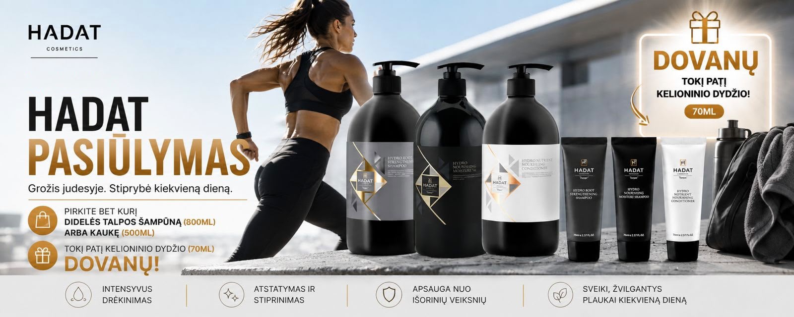 PHOTO-2026-08-26-19-00-05 - shopcosmoprof.com Fitness model running on a beach beside Hadat cosmetics pump bottles and tubes; promotional banner on the right offering gifts (Dovanų).