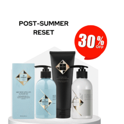 Promotional image of Hadat cosmetics products displayed on a round white pedestal with a large red 30% off badge