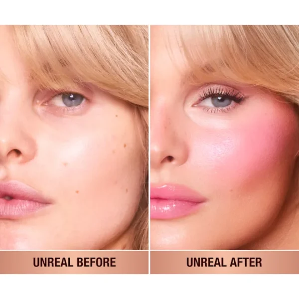 Side-by-side makeup transformation: left 'Unreal Before' with natural skin; right 'Unreal After' with rosy cheeks, glossy lips, and defined eye makeup.