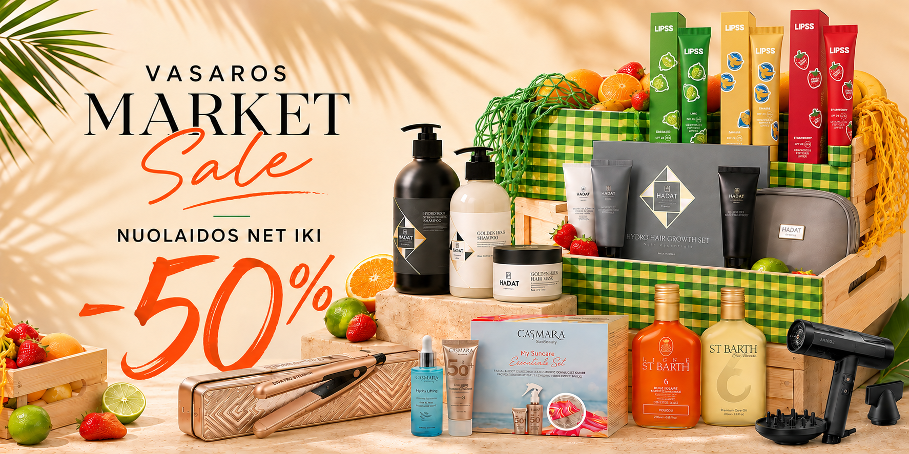 Vasaro's Market Sale banner announcing up to 50% off; display of beauty, haircare, and lifestyle products in wooden baskets and crates.