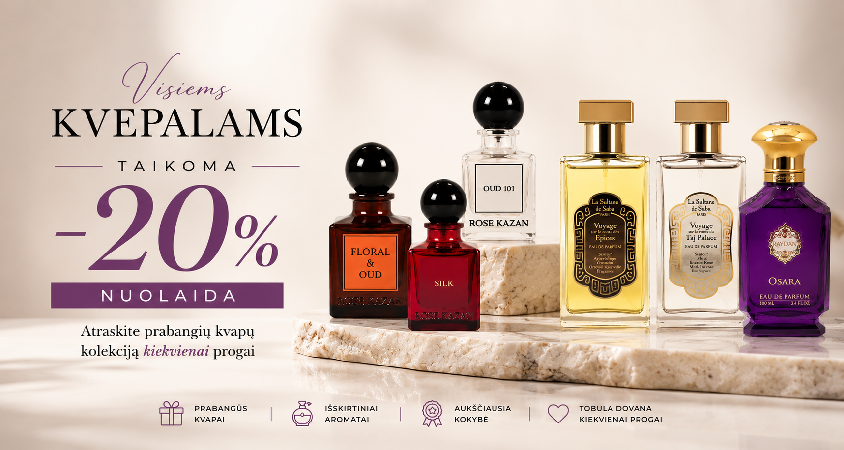f57b5079-3735-4031-a095-8bc458f9b8ba - shopcosmoprof.com Advertisement banner for perfume collection offering 20% off, featuring elegant bottles on a marble surface with Lithuanian text and 'NUOLAIDA' highlight.
