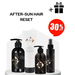 Promotional banner for Hadat After-Sun Hair Reset with a 30% off badge beside a lineup of Hadat haircare products on a pedestal.