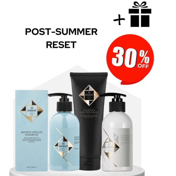 Promotional image: beauty products on a white pedestal with a 'POST-SUMMER RESET' banner and a red '30% OFF' badge plus a gift icon in the top right corner.