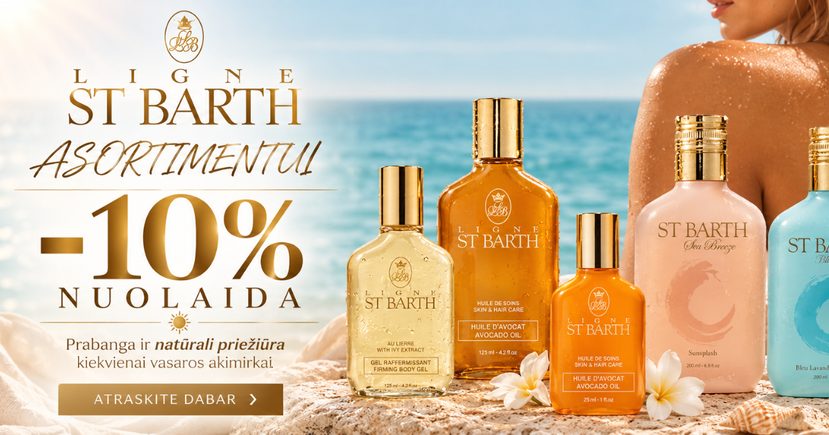 Assorted St. Barth beauty bottles displayed on a rocky beach with a bold "-10% NUOLAIDA" sale banner.