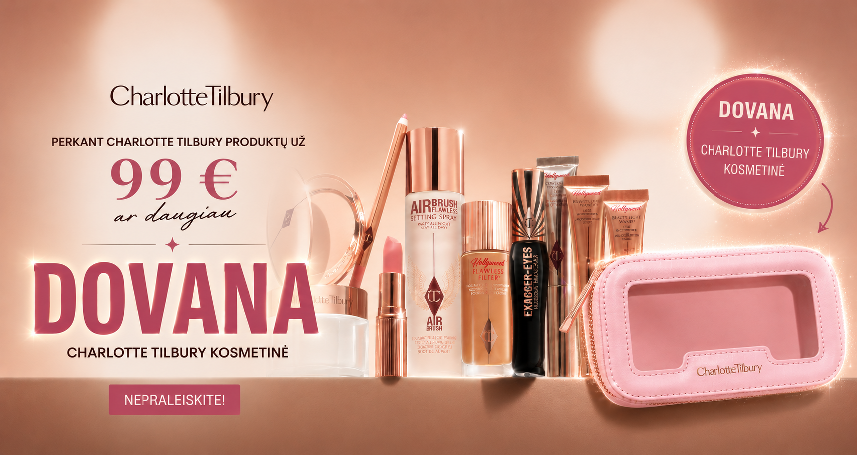 075547a6-9c56-438b-89f2-0a3c41796bb0 - shopcosmoprof.com Promotional banner showing Charlotte Tilbury cosmetics with a pink product bag and a €99 price offer, ‘Dovana’ gift highlight in Lithuanian text.
