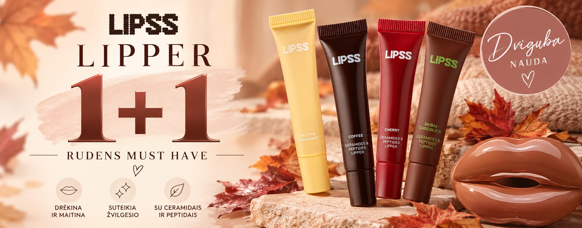 2531a59f-d434-449d-abee-12bfd7c4cc08 - shopcosmoprof.com Autumn-themed banner promoting Lipss lip care with four tubes on a rocky surface and a 1+1 offer text on the left; round brand logo on the right.
