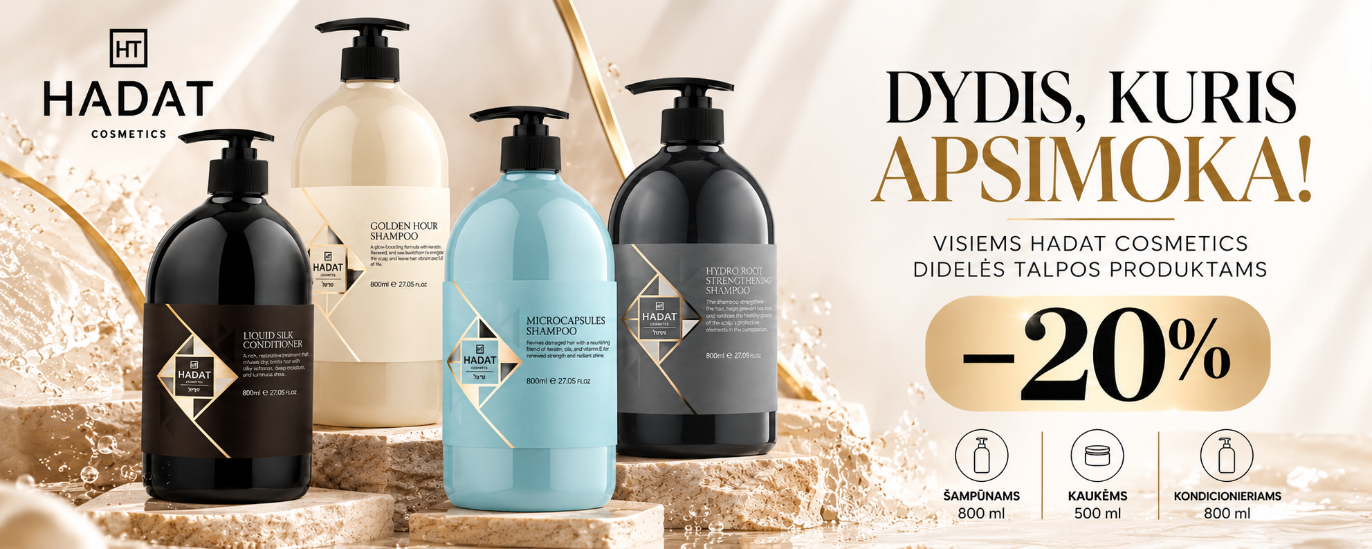 HADAT PIRMAS - shopcosmoprof.com Promotional banner for Hadat Cosmetics showing four shampoo/conditioner bottles on a stone display with a -20% discount badge.