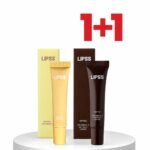 Two LipSS tubes (butter croissant in pale yellow) and coffee-flavored tube beside matching boxes on a white pedestal, with a red 1+1 symbol overhead.