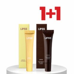 Two LipSS tubes (butter croissant in pale yellow) and coffee-flavored tube beside matching boxes on a white pedestal, with a red 1+1 symbol overhead.