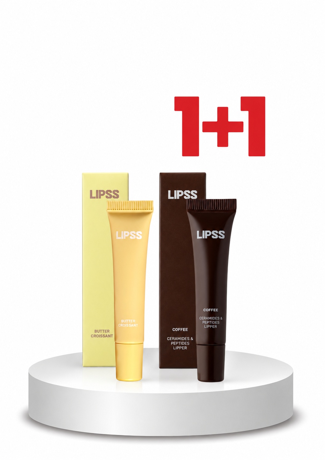 LIPSS_1plus1_Butter_Croissant_Coffee_iki_2MB - shopcosmoprof.com Two LipSS tubes (butter croissant in pale yellow) and coffee-flavored tube beside matching boxes on a white pedestal, with a red 1+1 symbol overhead.