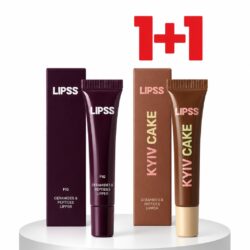 LipSS lip care tubes and boxes in burgundy and brown on a white pedestal, with a red 1+1 promotion symbol above.