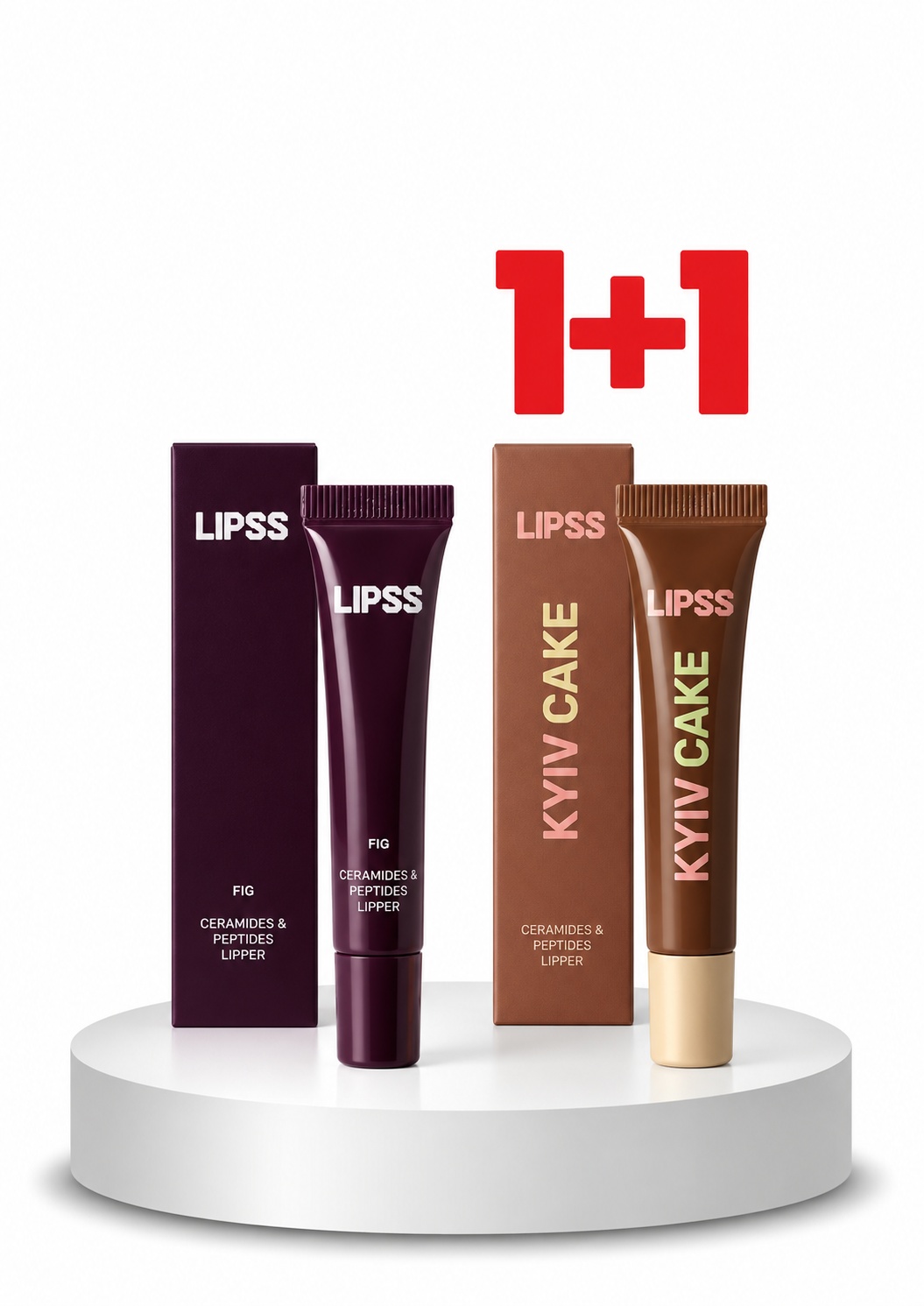 LIPSS_1plus1_Fig_Kyiv_Cake_iki_2MB - shopcosmoprof.com LipSS lip care tubes and boxes in burgundy and brown on a white pedestal, with a red 1+1 promotion symbol above.