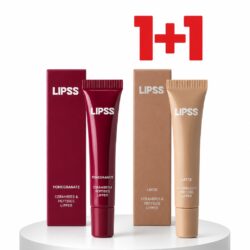 Lipss lip care set with burgundy and beige tubes beside their boxes on a white pedestal, promotional 1+1 offer above.