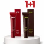 LIPSS lip balms on a white pedestal: red cherry tube with matching box and a dark Dubai Chocolate tube with its box.