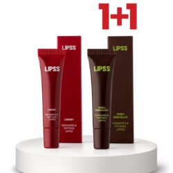 LIPSS lip balms on a white pedestal: red cherry tube with matching box and a dark Dubai Chocolate tube with its box.