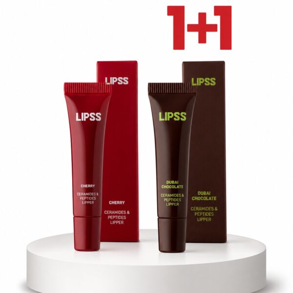 LIPSS lip balms on a white pedestal: red cherry tube with matching box and a dark Dubai Chocolate tube with its box.