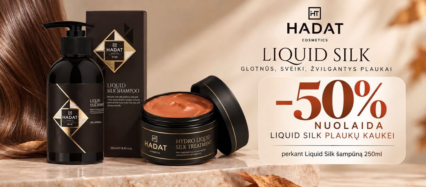 PHOTO-2026-09-09-23-02-38 - shopcosmoprof.com Hadat Liquid Silk shampoo bottle, treatment jar, and box displayed on a beige surface with a 50% off promotion.