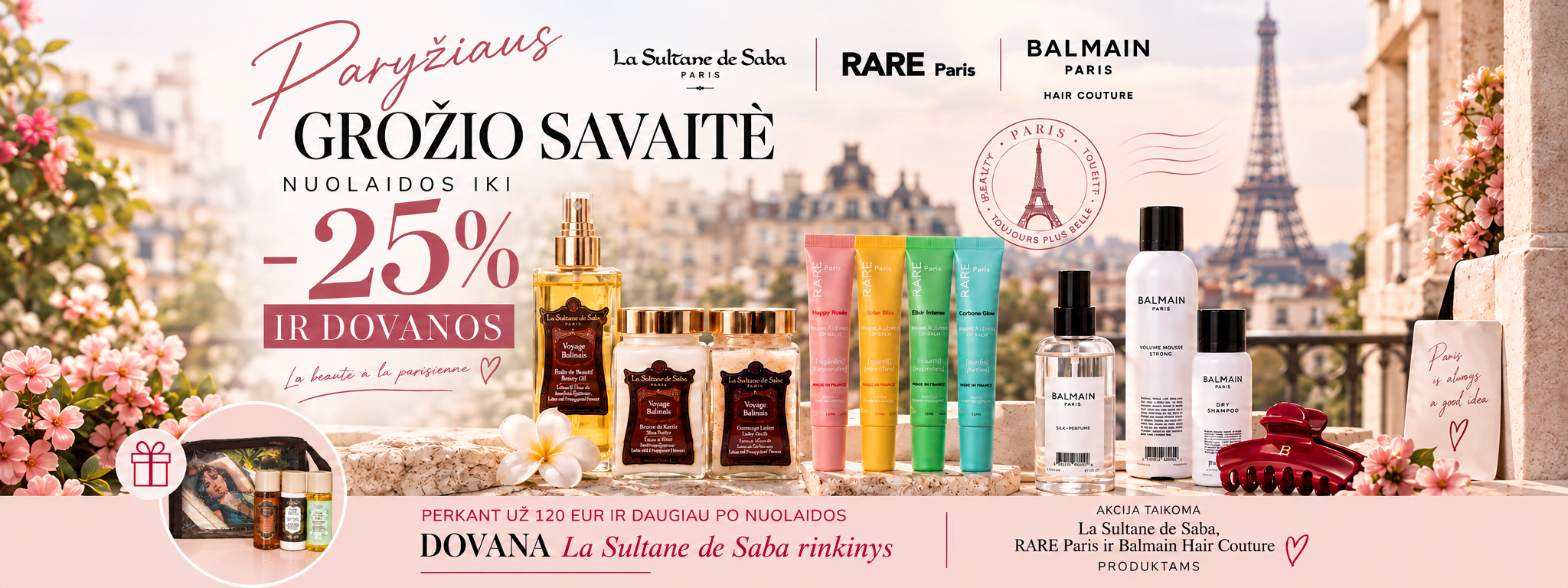a4871fab-9074-44b0-85af-06be753e54b3 - shopcosmoprof.com Promotional beauty banner featuring La Sultane de Saba, RARE Paris and Balmain products with a Paris skyline and pink flowers; -25% off text visible.