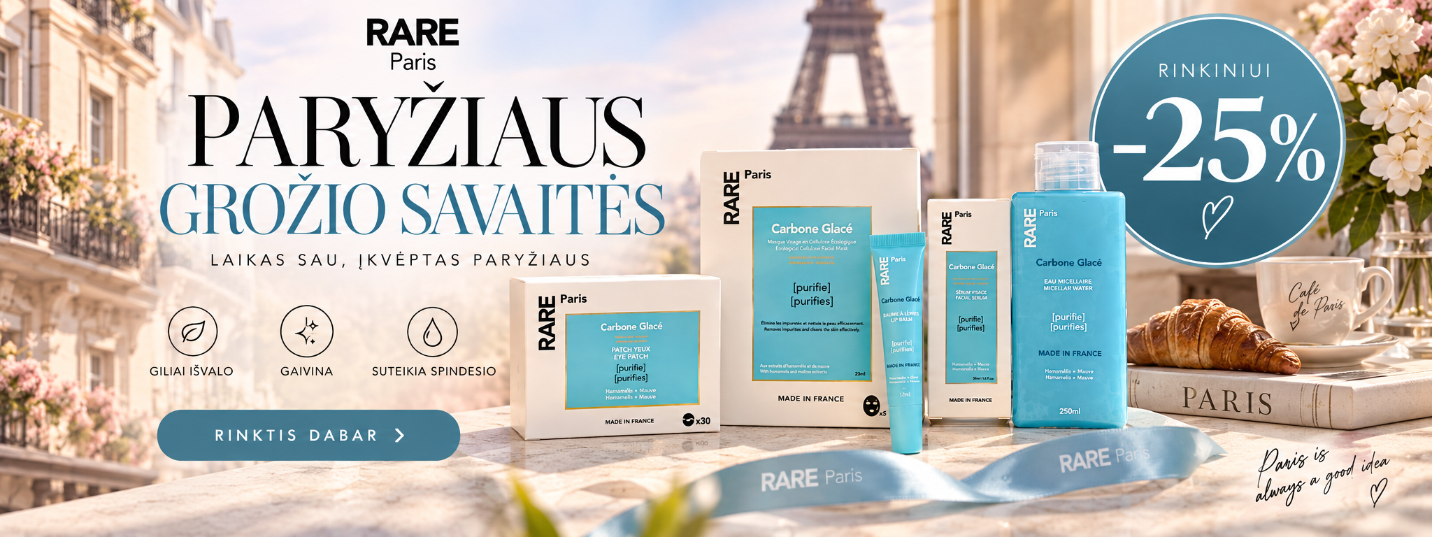 fdd9028f-69fc-4065-a2c9-b99d69e1b5a9 - shopcosmoprof.com Paris skincare sale banner by RARE Paris with Eiffel Tower backdrop and blue-packaged products; 25% off circle on right side (promo).