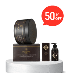 Hadat cosmetics set with a large hydro liquid silk treatment jar on a dark box, plus smaller bottles, beside a bright red 50% OFF badge on a white background.