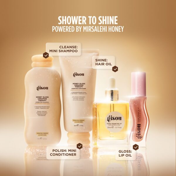 Brand-name hair care lineup with Gisou products and labels: Honey Gloss, Mini Shampoo, Hair Oil, Lip Oil, in warm gold background. Image highlights 'Shower to Shine' campaign.