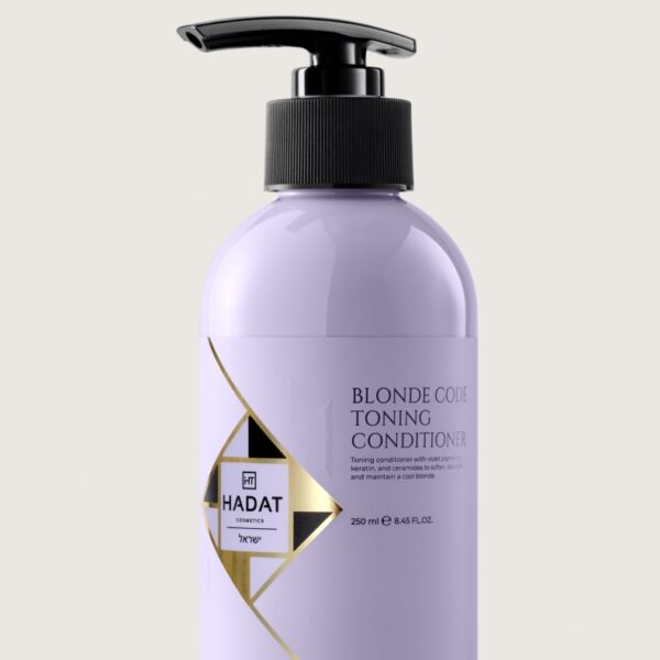 Lavender bottle of Blonde Code Toning Conditioner by Hadat Cosmetics with a black pump, 250 ml
