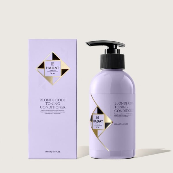 Purple Hadat Blonde Code Toning Conditioner bottle beside its matching lavender box with gold geometric emblem, 250 ml set.