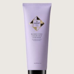 Lavender HADAT Blonde Code Color Lock Hair Mask tube with black cap on beige background, product shot for color protection.