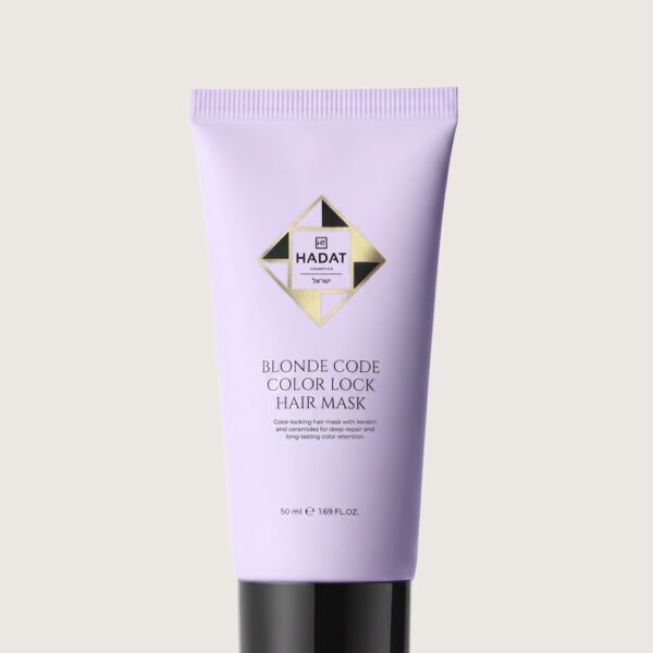 Lavender tube of Hadat Blonde Code Color Lock Hair Mask with black cap, product label visible on light backdrop