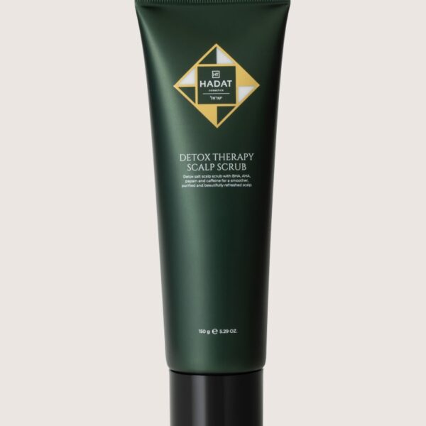 Dark green squeeze tube of Hadat Detox Therapy Scalp Scrub with a black cap, front label visible. Weight 150 g (5.29 oz).