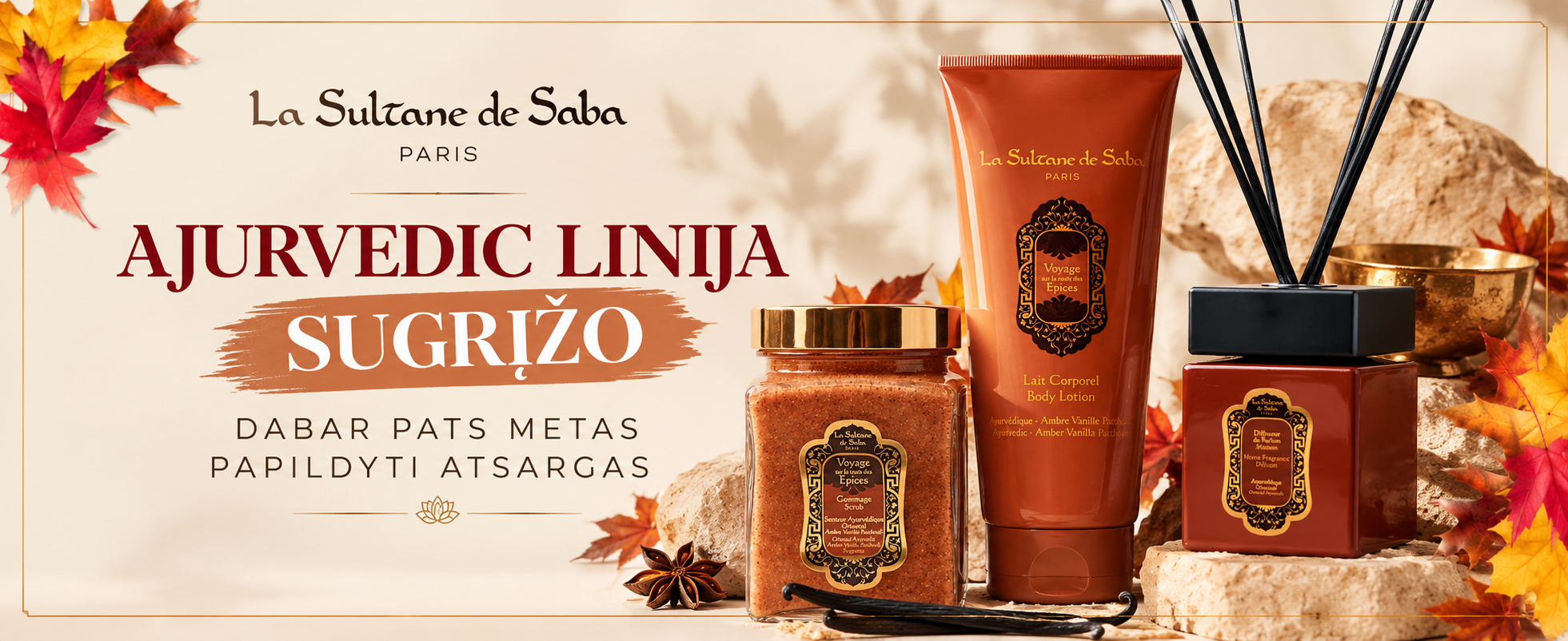 Autumn Ayurvedic Luxury Beauty Collection - shopcosmoprof.com Autumn-themed banner advertising La Sultane de Saba's Ayurvedic line: body lotion, scrub, and diffuser on rocks with fall leaves and warm tones.
