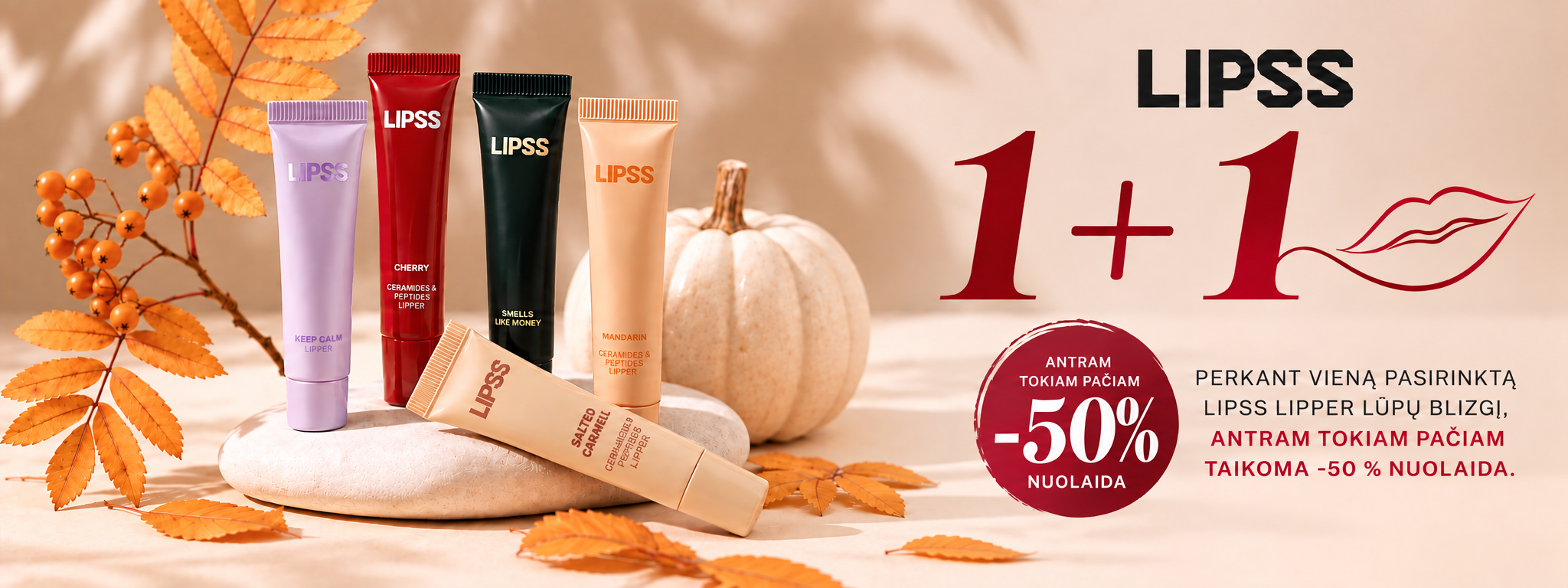 Autumn LIPSS Lip Gloss Sale - shopcosmoprof.com Assorted Lipss lip balms in pastel and bold tubes arranged on a beige surface with orange autumn leaves and a pumpkin, promoting a 50% discount.