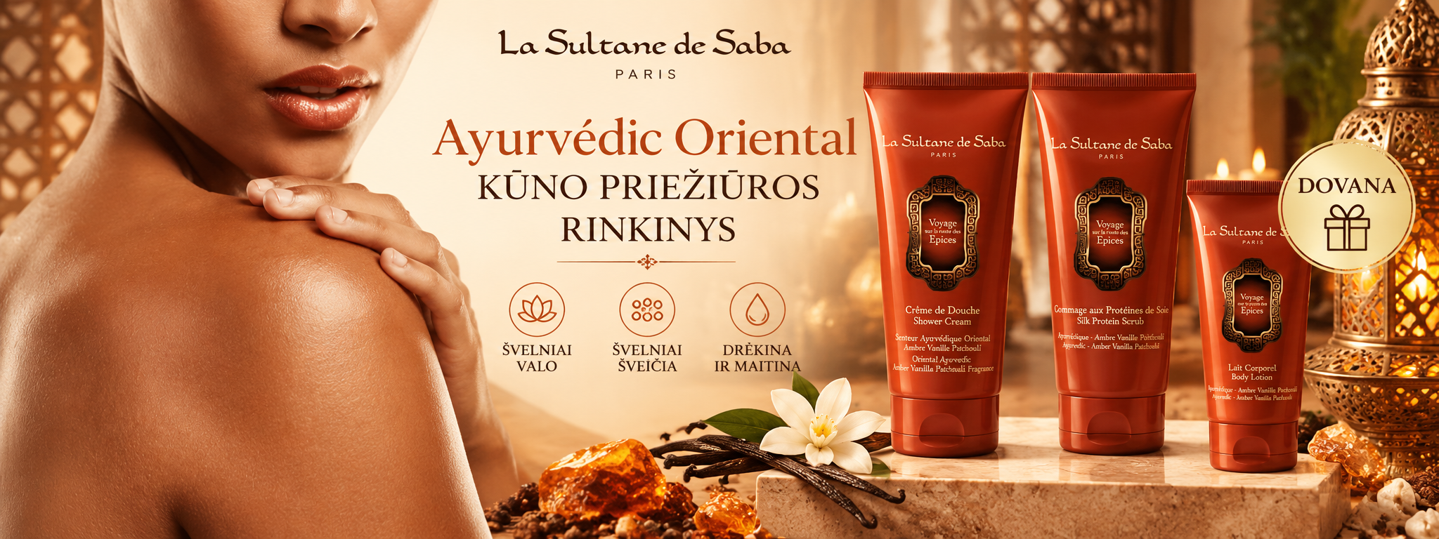 Ayurvedic Oriental Spa Skincare Collection - shopcosmoprof.com Promotional banner for La Sultane de Saba Ayurvedic Oriental skincare with a woman's shoulder and red tube products in the foreground.