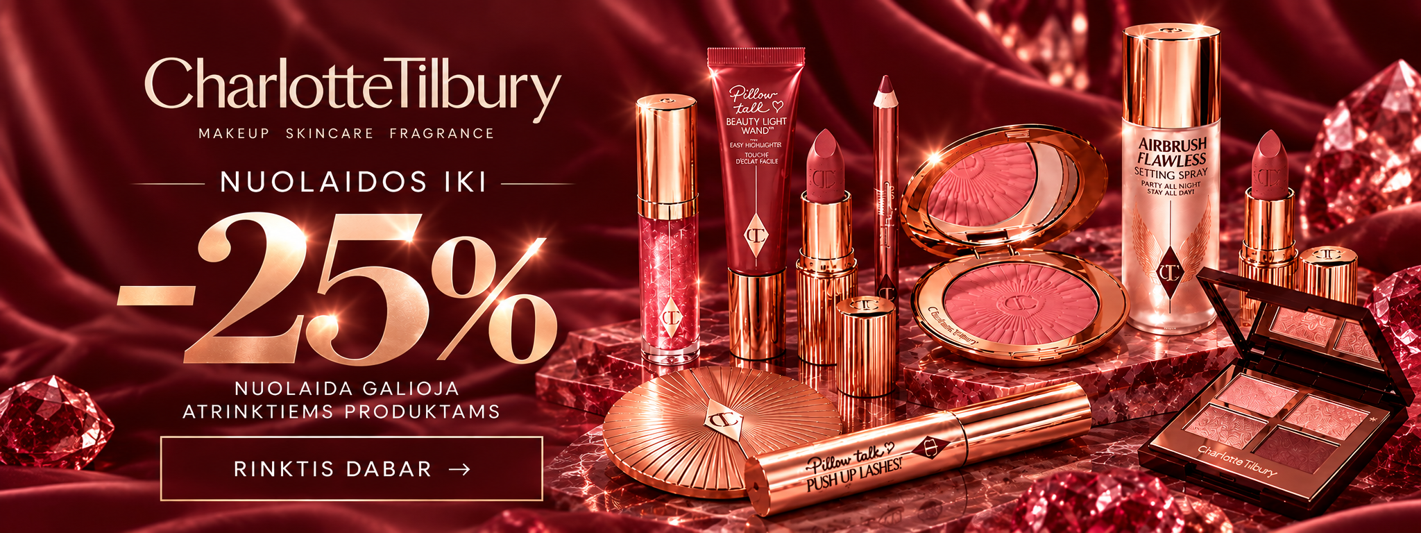 ChatGPT vaizdas 2026-10-01 11_12_28 - shopcosmoprof.com Charlotte Tilbury makeup and skincare products on a red velvet backdrop with a large -25% off banner and a 'Shop now' button in Lithuanian.