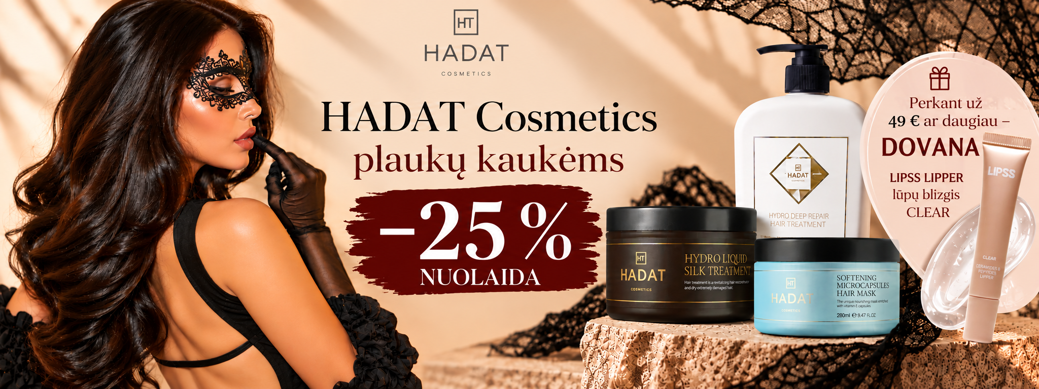 HADAT Cosmetics plaukų kaukių akcija - shopcosmoprof.com Advertisement banner for HADAT Cosmetics offering 25% off hair masks, featuring a model applying lipstick with product lineup on the right.