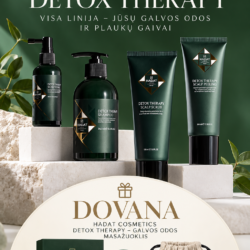 Detox Therapy cosmetics lineup on a green backdrop with Dovana gift set below the products.