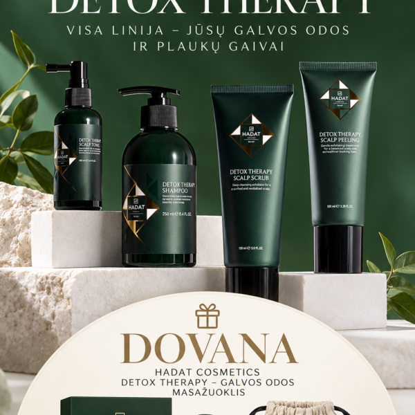 Detox Therapy cosmetics lineup on a green backdrop with Dovana gift set below the products.