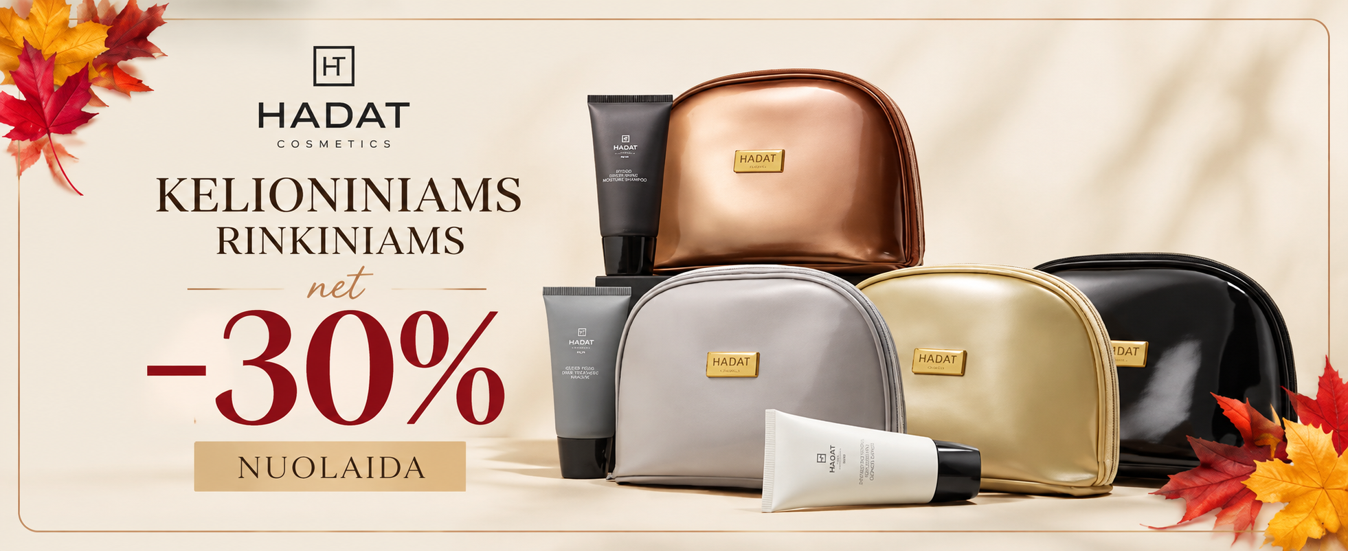 Hadat Autumn Travel Kit Offer - shopcosmoprof.com Hadat cosmetics sale banner with metallic makeup bags and a bold -30% discount, autumn leaves on the left.