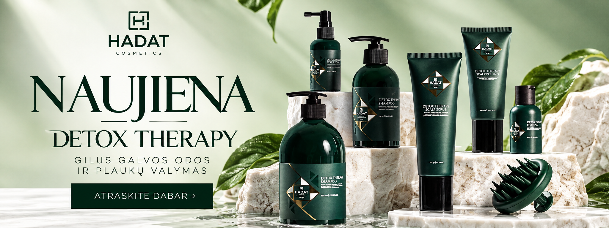 Hadat Cosmetics Detox Therapy product lineup displayed on stone steps with green packaging and natural leaves in the background.