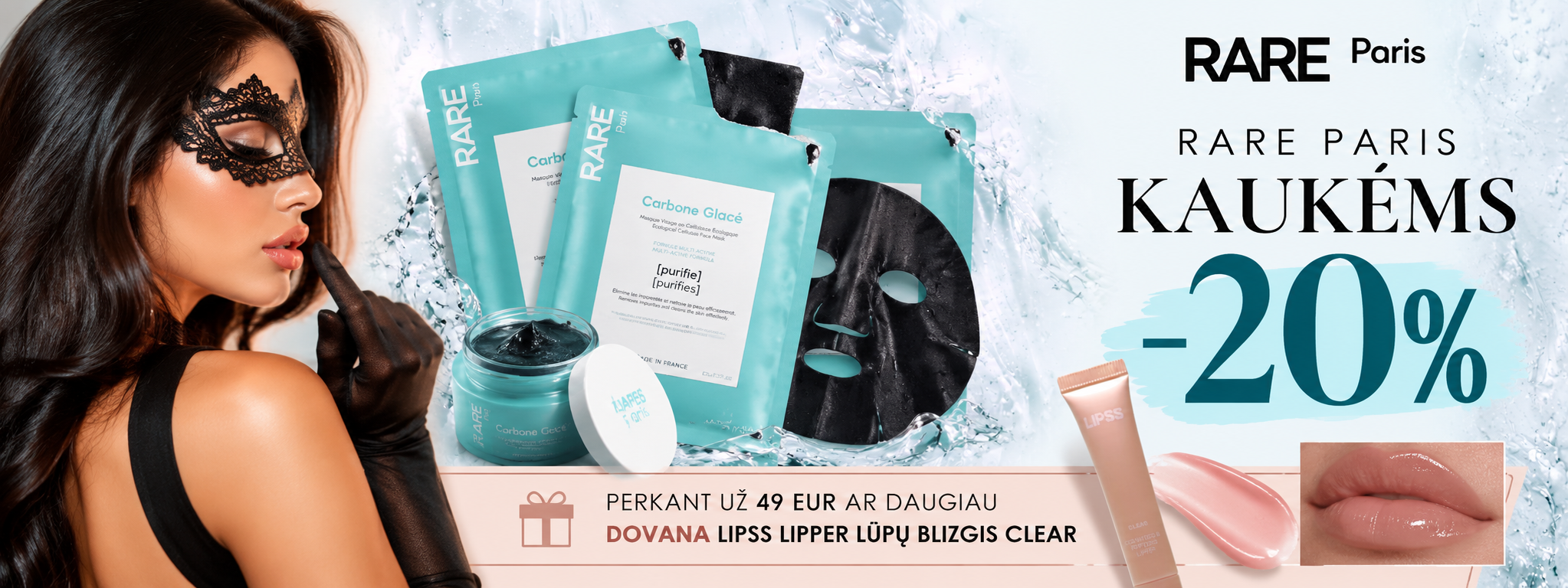 Icy Aqua Mask Glossary Ad - shopcosmoprof.com Beauty promo banner with a woman in a black lace mask on the left and teal skincare products featuring 'RARE PARIS' packaging; large -20% text on the right.